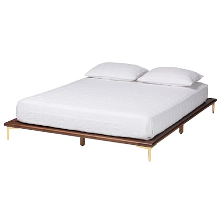 Baxton Studio Channary Mid-Century Modern Walnut Brown Finished Wood and Gold Metal King Size Bed Frame 238-13266-ZORO